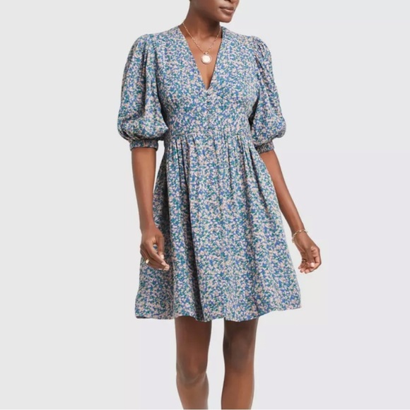 NWT Mirth Blue Floral Dress Caftan Perth Backless Short Blueberry Print - Picture 1 of 7